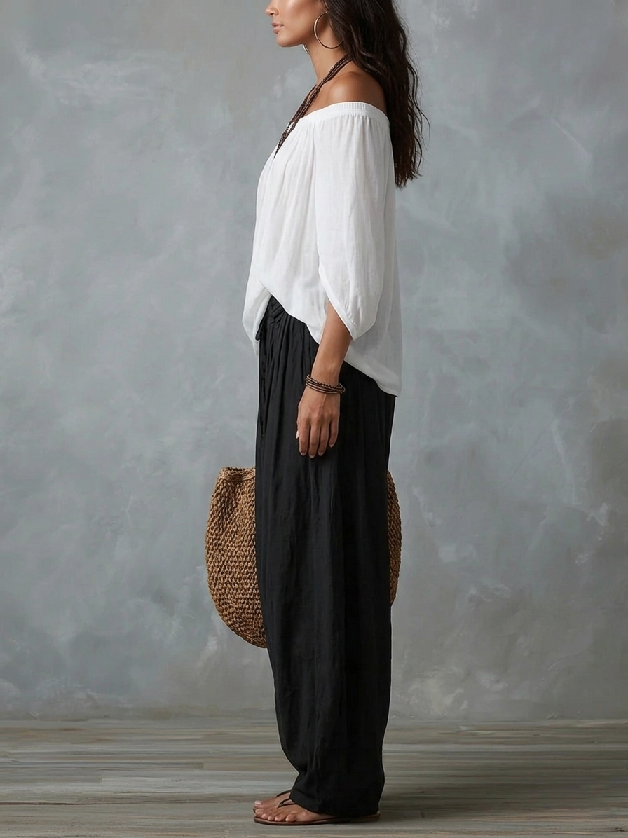 White Off-Shoulder Top and Flared Lantern Trouser Set