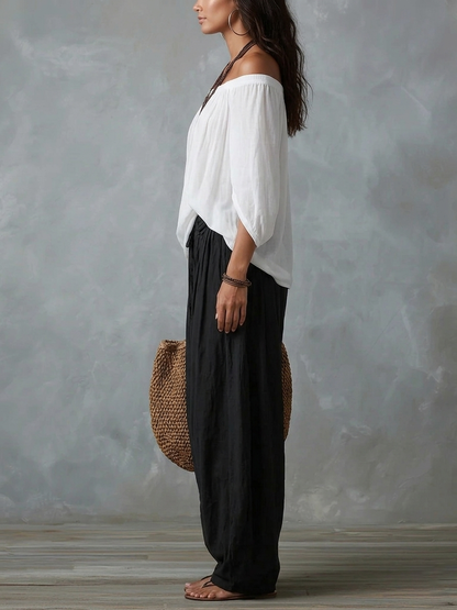 White Off-Shoulder Top and Flared Lantern Trouser Set