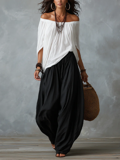 White Off-Shoulder Top and Flared Lantern Trouser Set