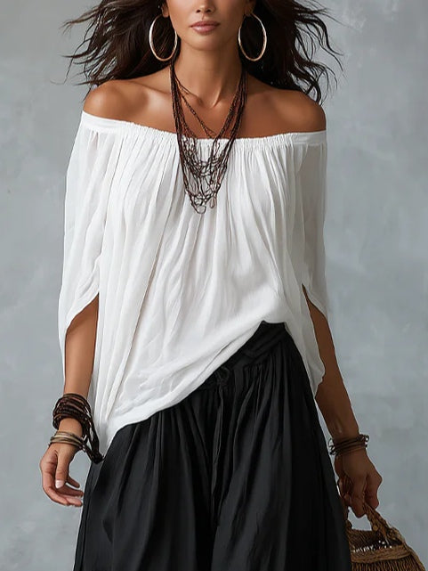 White Off-Shoulder Top and Flared Lantern Trouser Set
