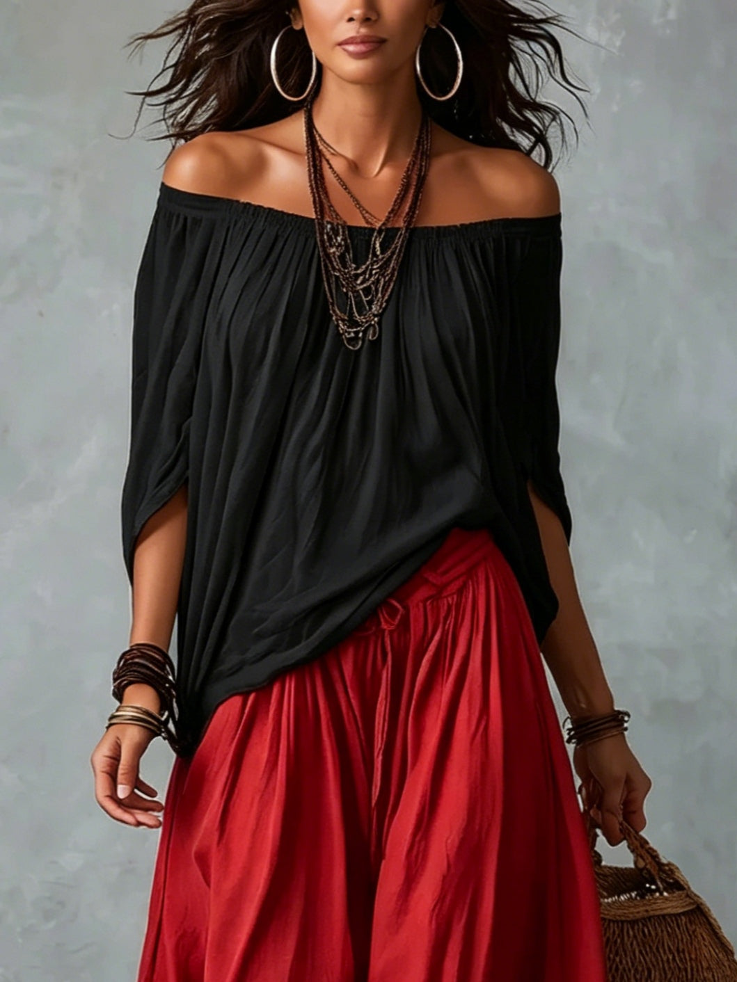 White Off-Shoulder Top and Flared Lantern Trouser Set