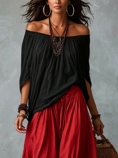 White Off-Shoulder Top and Flared Lantern Trouser Set