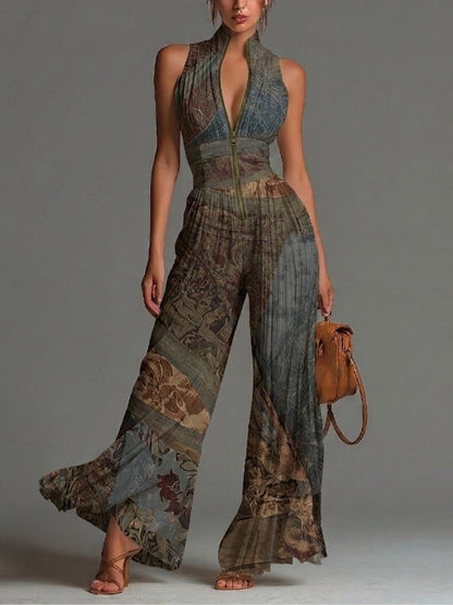 Bohemian Ethnic Print Pleated Chiffon Jumpsuit with Zip