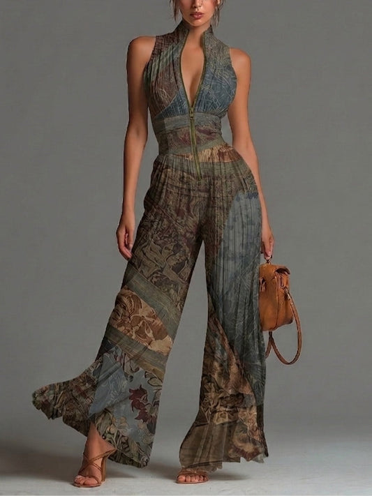 Bohemian Ethnic Print Pleated Chiffon Jumpsuit with Zip