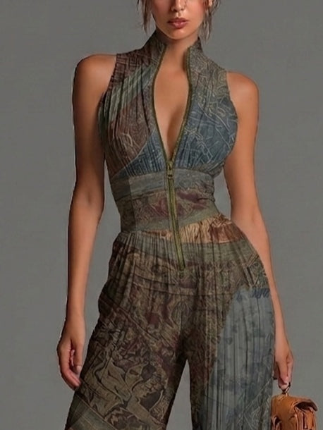 Bohemian Ethnic Print Pleated Chiffon Jumpsuit with Zip