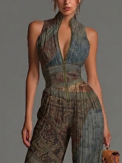 Bohemian Ethnic Print Pleated Chiffon Jumpsuit with Zip