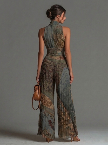Bohemian Ethnic Print Pleated Chiffon Jumpsuit with Zip