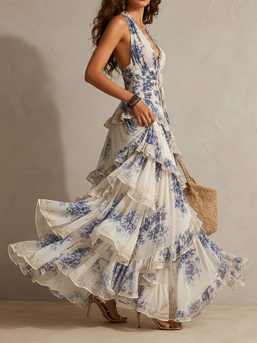 Blue and White Floral Ruffle Halter Maxi Dress
