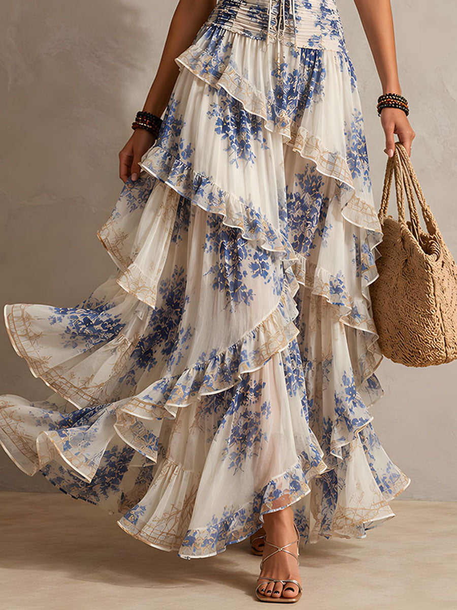 Blue and White Floral Ruffle Halter Maxi Dress