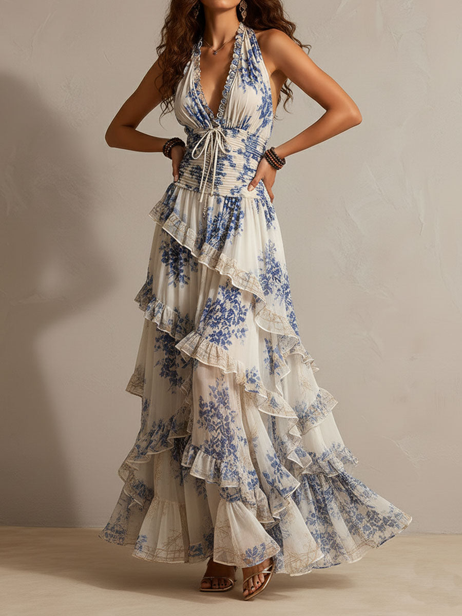 Blue and White Floral Ruffle Halter Maxi Dress