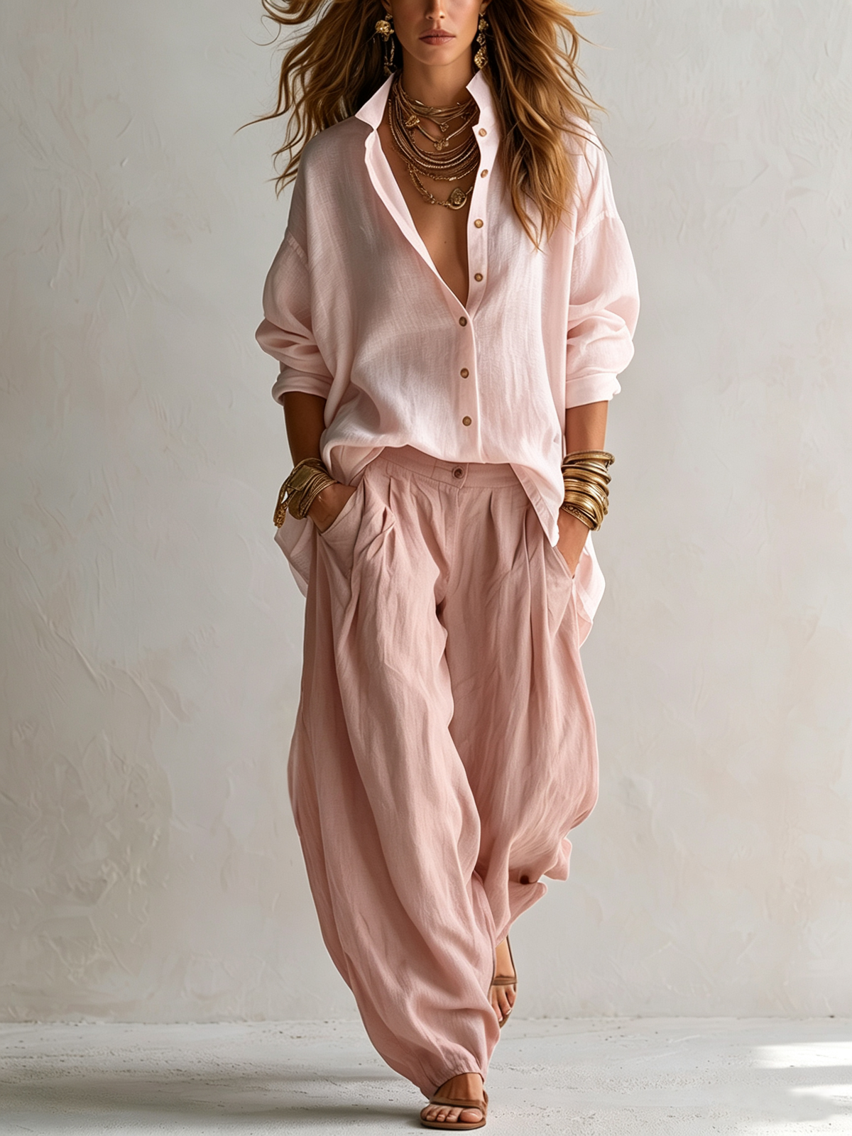 Relaxed White Shirt and Green Wide-Leg Lantern Trouser Set