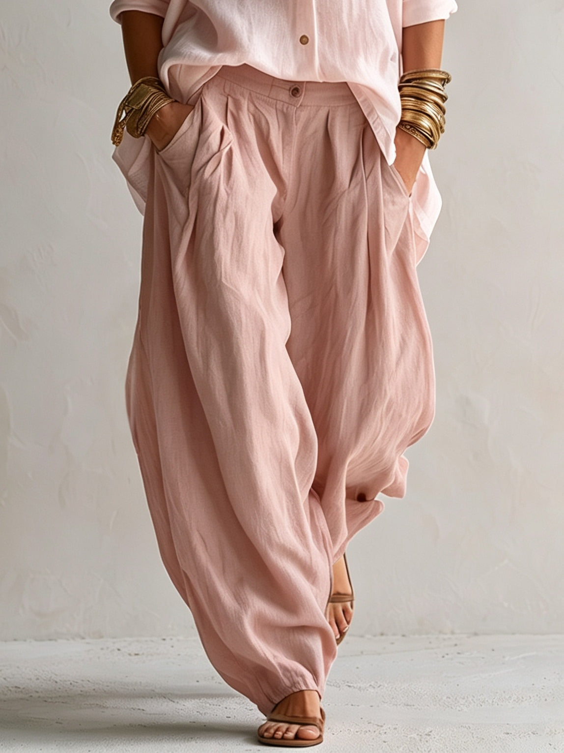 Relaxed White Shirt and Green Wide-Leg Lantern Trouser Set