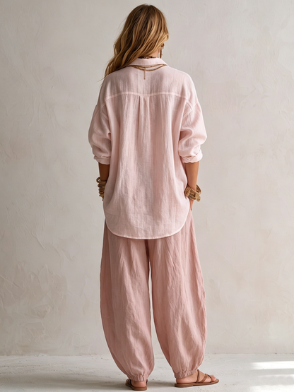 Relaxed White Shirt and Green Wide-Leg Lantern Trouser Set