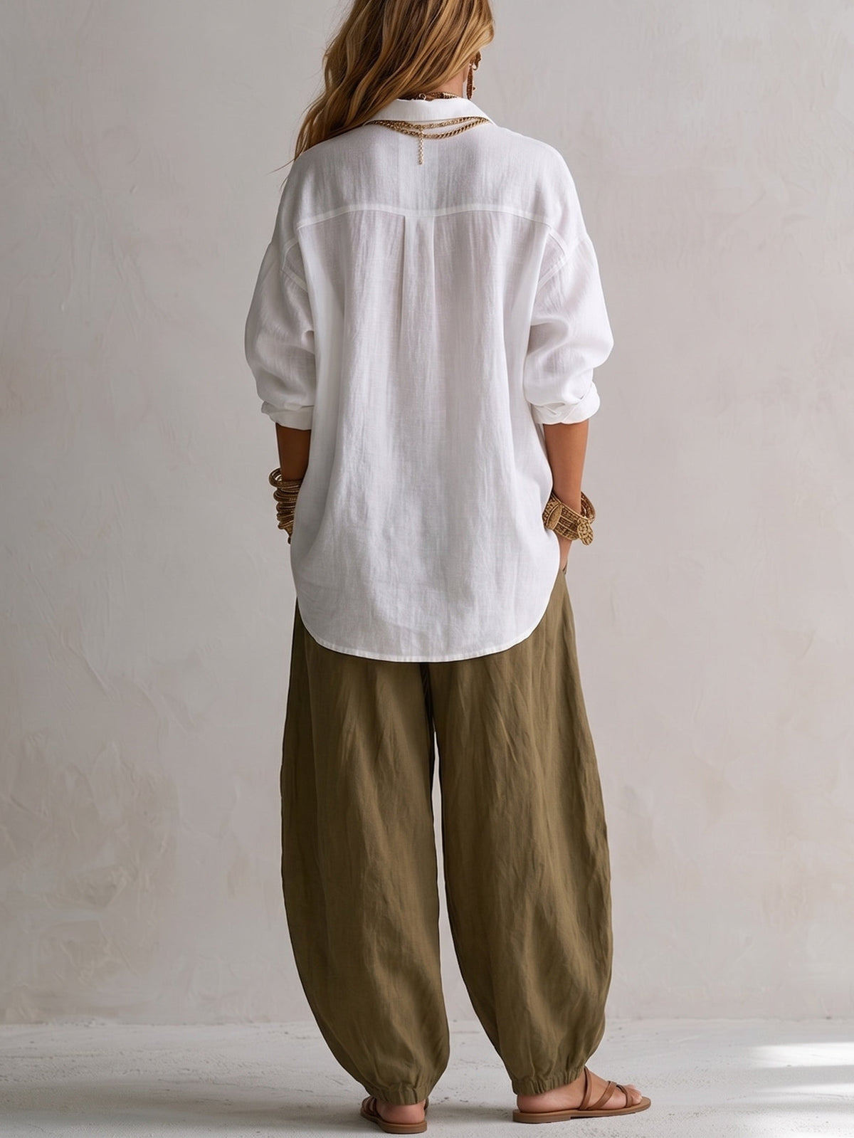 Relaxed White Shirt and Green Wide-Leg Lantern Trouser Set