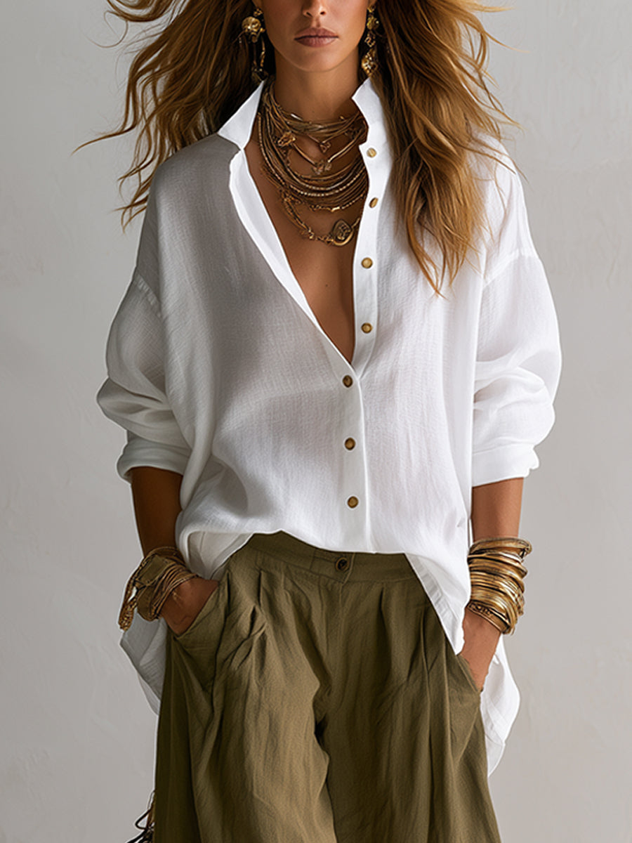 Relaxed White Shirt and Green Wide-Leg Lantern Trouser Set