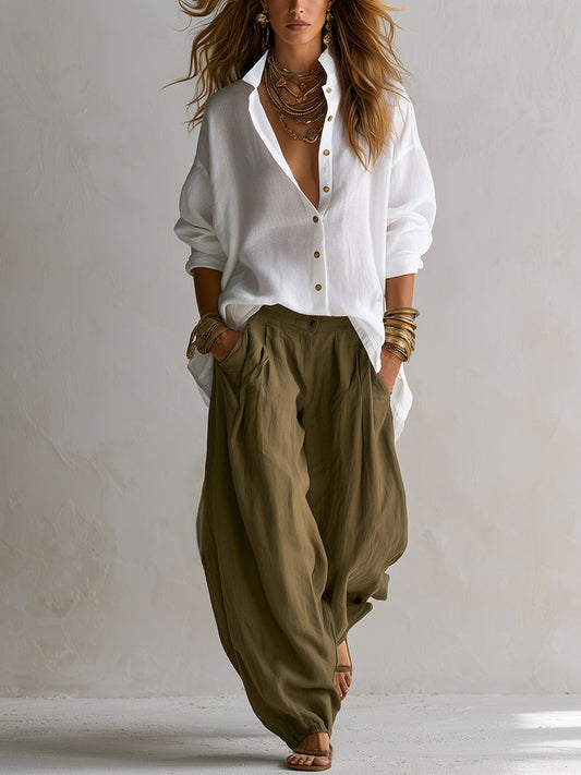 Relaxed White Shirt and Green Wide-Leg Lantern Trouser Set
