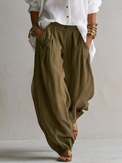 Relaxed White Shirt and Green Wide-Leg Lantern Trouser Set