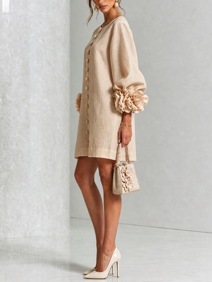 Beige Floral Mini Dress with Buttons and Statement Sleeves