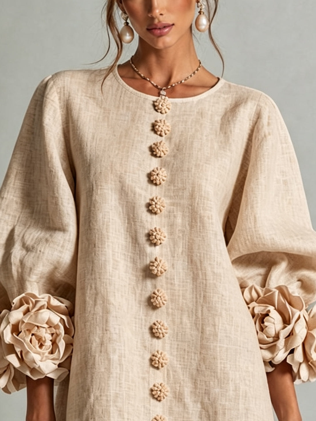 Beige Floral Mini Dress with Buttons and Statement Sleeves