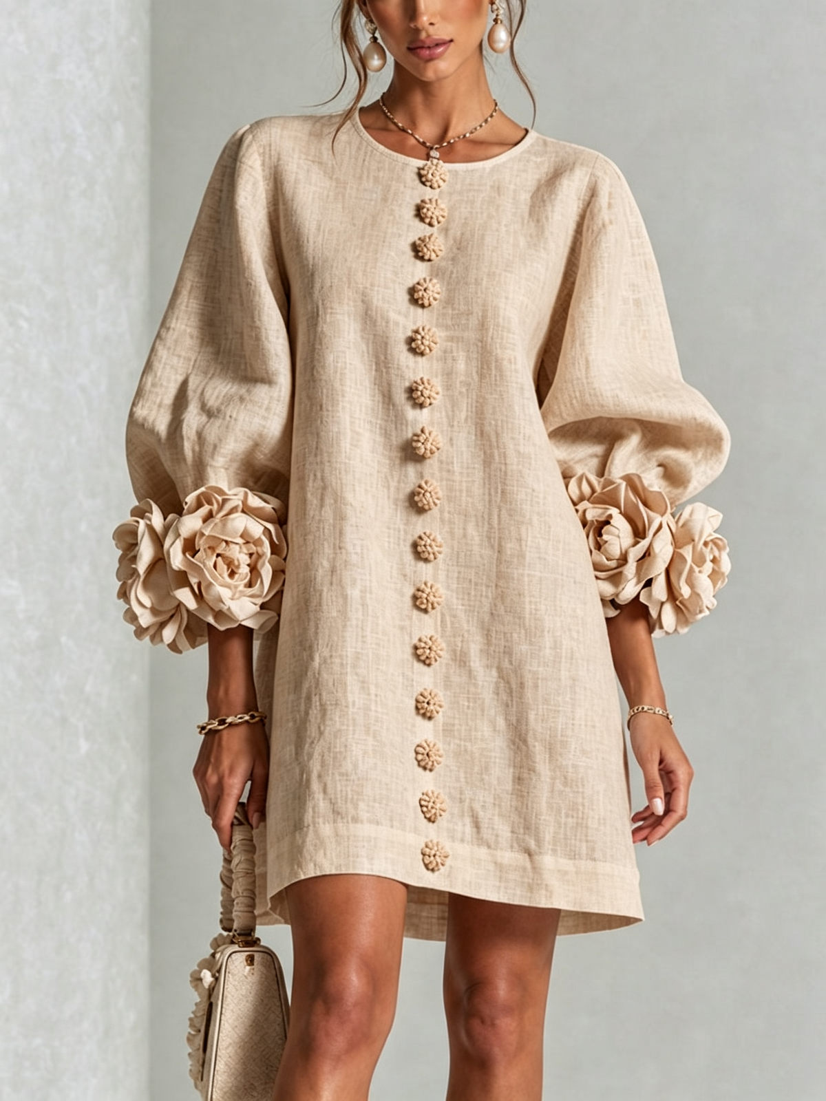 Beige Floral Mini Dress with Buttons and Statement Sleeves