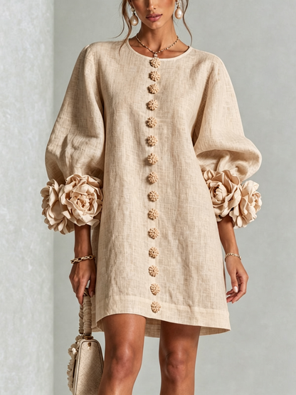 Beige Floral Mini Dress with Buttons and Statement Sleeves