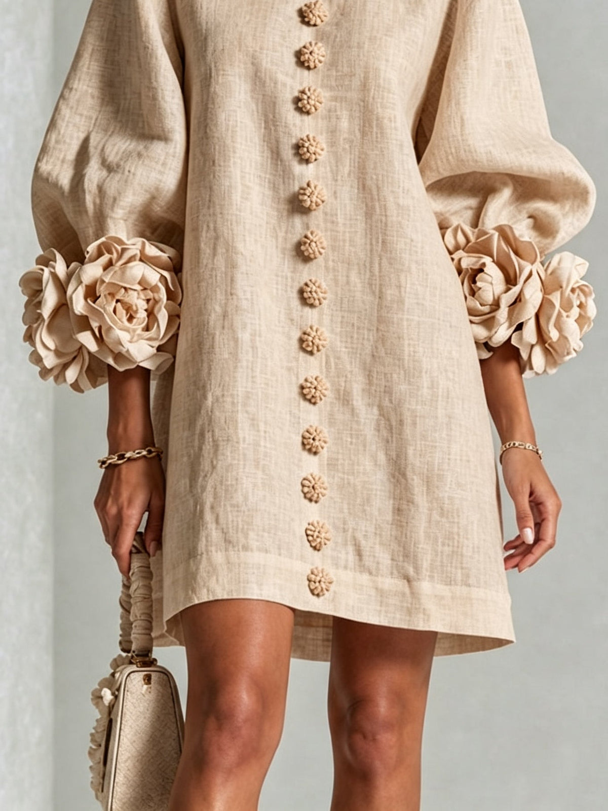 Beige Floral Mini Dress with Buttons and Statement Sleeves
