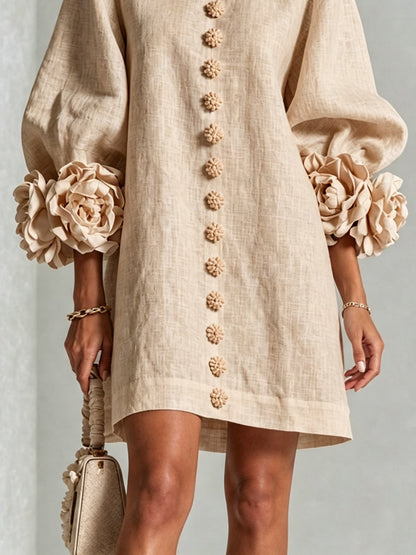 Beige Floral Mini Dress with Buttons and Statement Sleeves