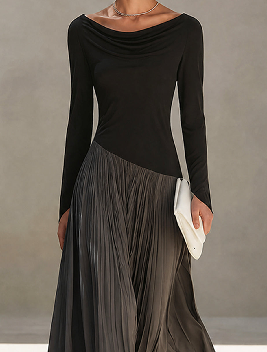 Briony | Two-Tone Pleated Maxi Dress with Draped Neckline