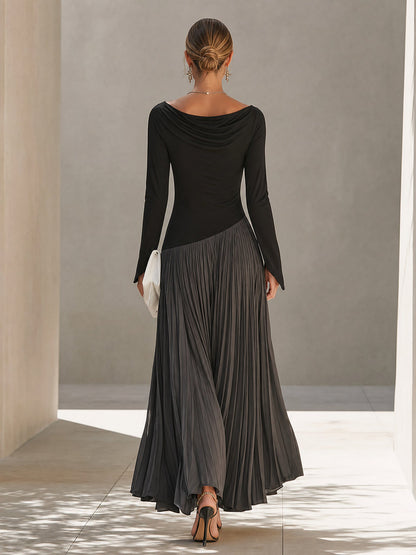 Briony | Two-Tone Pleated Maxi Dress with Draped Neckline