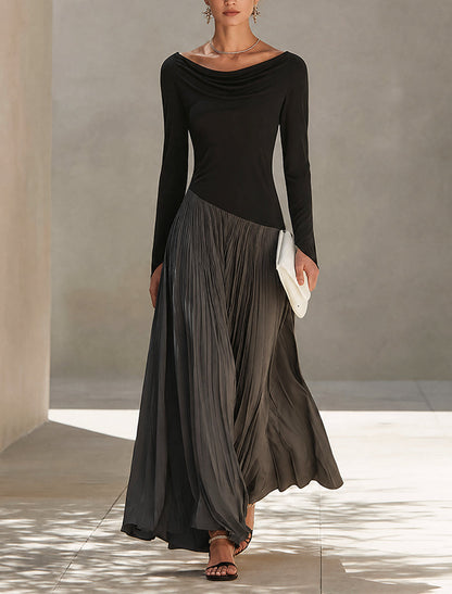 Briony | Two-Tone Pleated Maxi Dress with Draped Neckline
