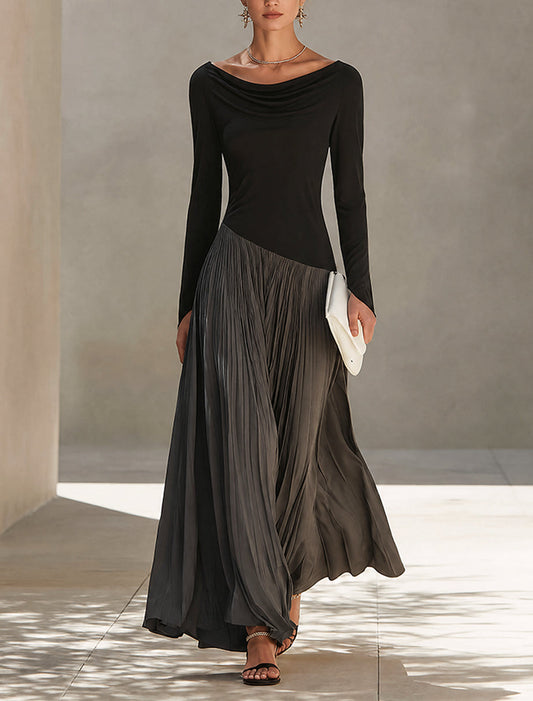 Briony | Two-Tone Pleated Maxi Dress with Draped Neckline