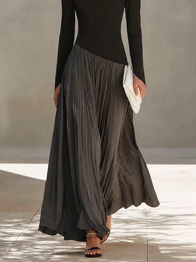 Briony | Two-Tone Pleated Maxi Dress with Draped Neckline