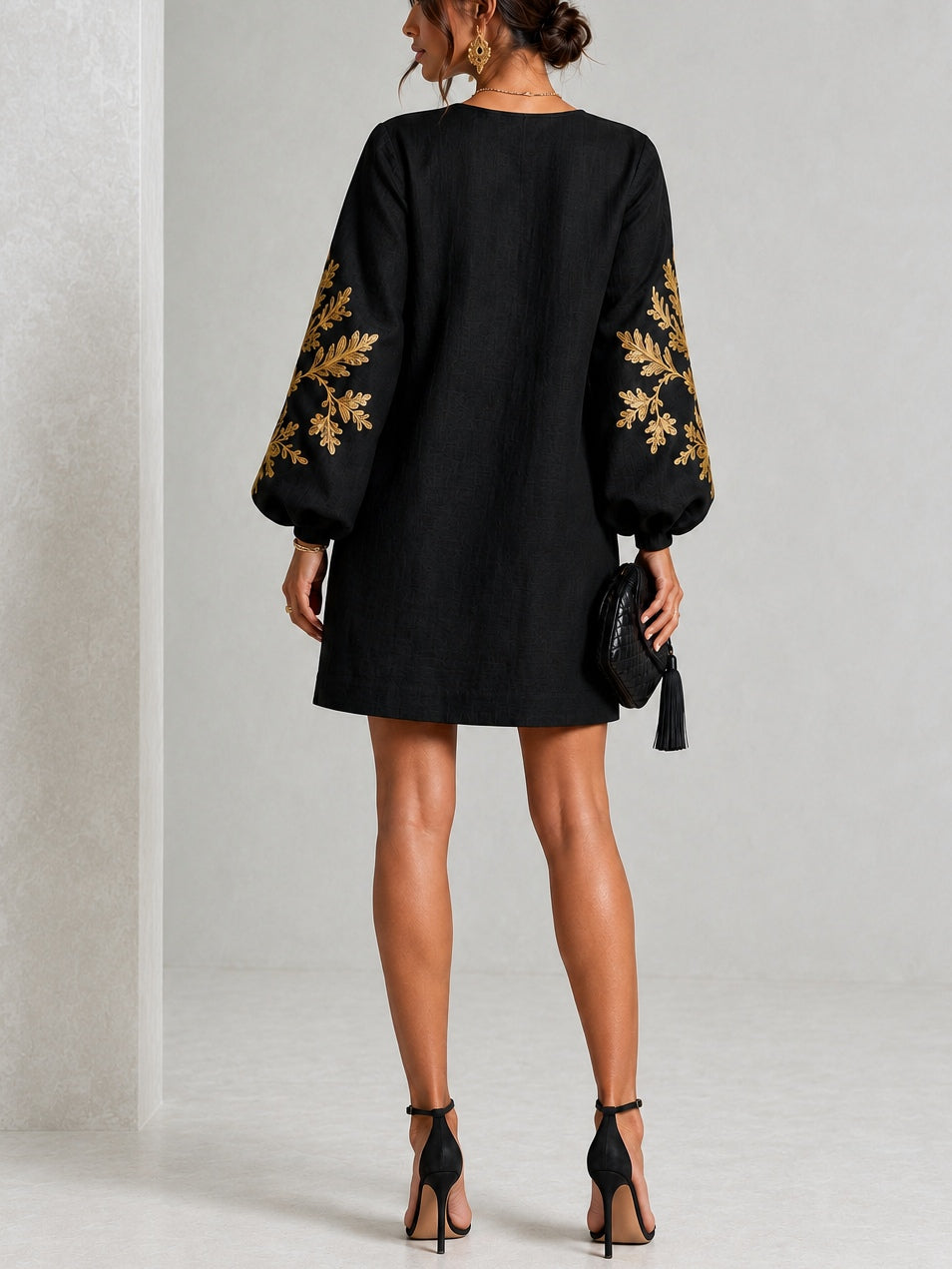 Black Mini Dress with Gold Print and Lantern Sleeves