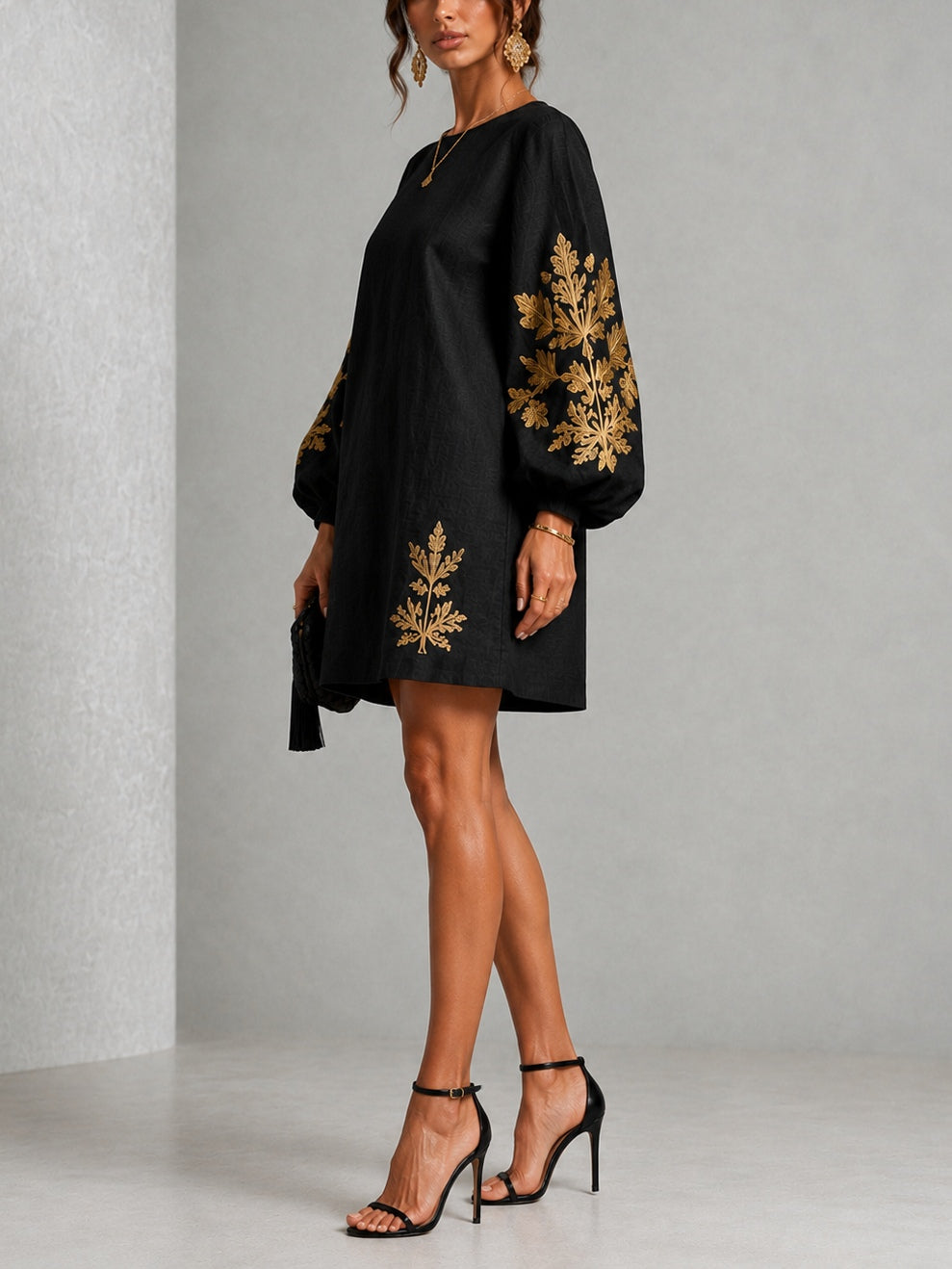 Black Mini Dress with Gold Print and Lantern Sleeves