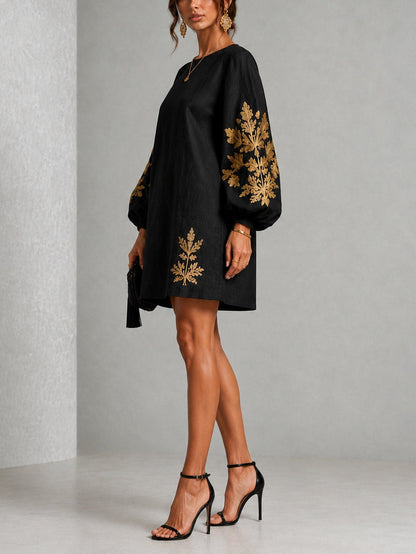 Black Mini Dress with Gold Print and Lantern Sleeves