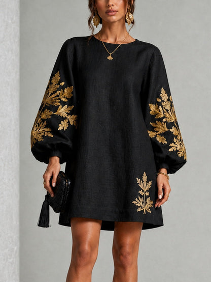 Black Mini Dress with Gold Print and Lantern Sleeves