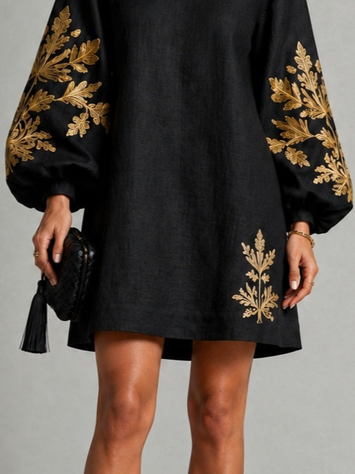 Black Mini Dress with Gold Print and Lantern Sleeves