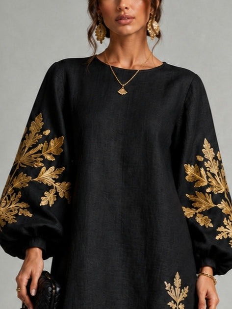 Black Mini Dress with Gold Print and Lantern Sleeves