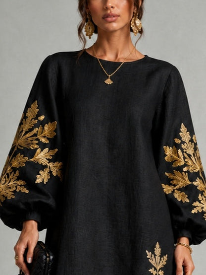 Black Mini Dress with Gold Print and Lantern Sleeves