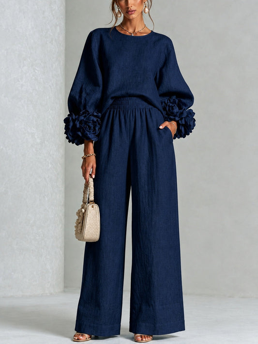 Navy Statement-Sleeve Top and Wide-Leg Trouser Set