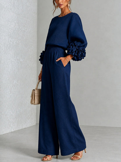 Navy Statement-Sleeve Top and Wide-Leg Trouser Set