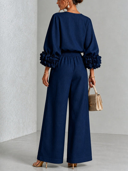 Navy Statement-Sleeve Top and Wide-Leg Trouser Set