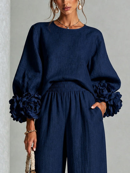 Navy Statement-Sleeve Top and Wide-Leg Trouser Set