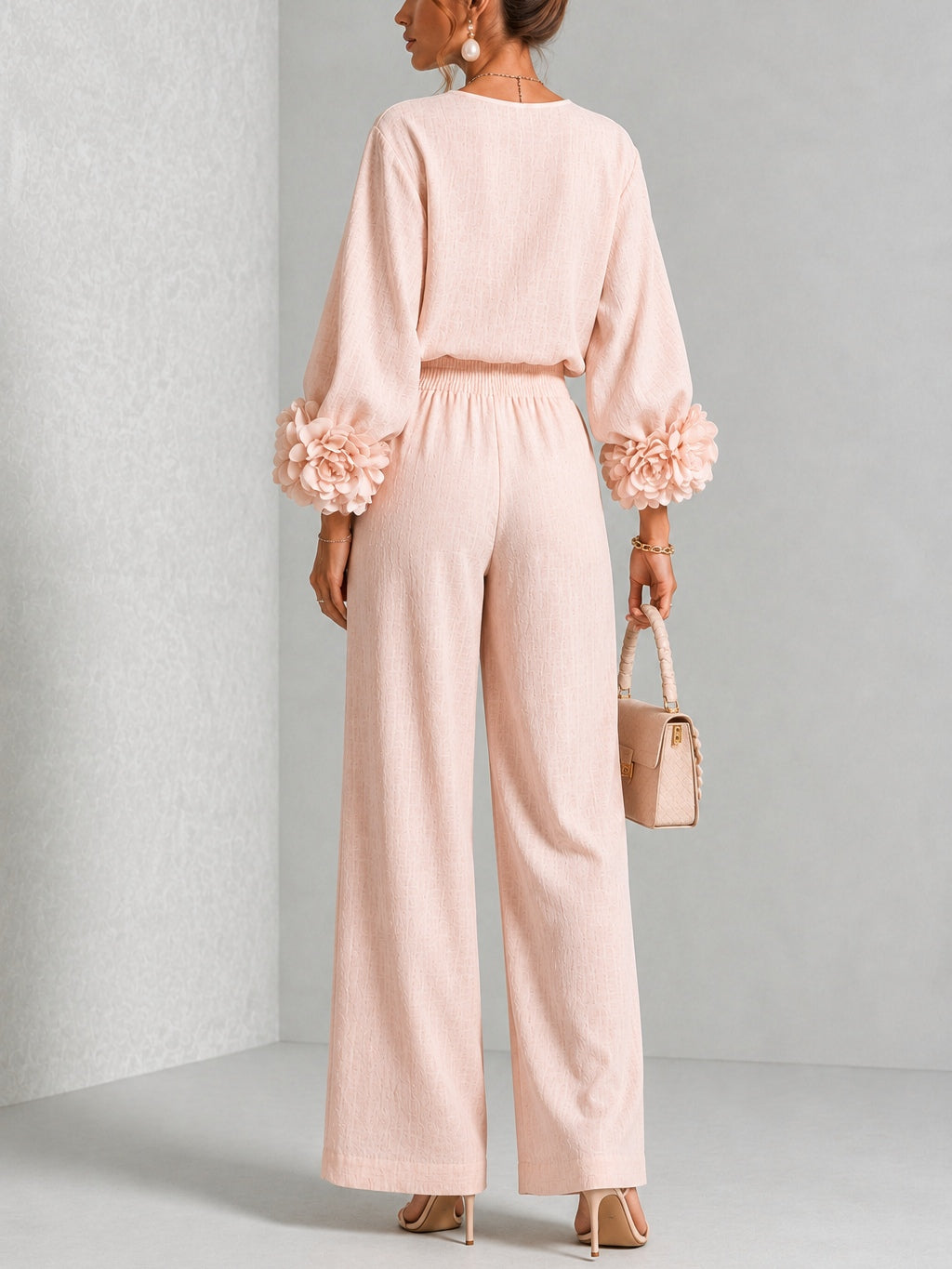 Pink Statement-Sleeve Top and Wide-Leg Trouser Set