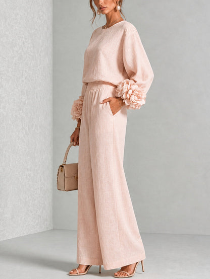Pink Statement-Sleeve Top and Wide-Leg Trouser Set