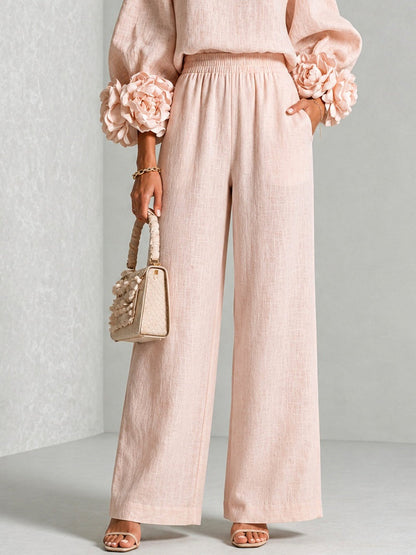 Pink Statement-Sleeve Top and Wide-Leg Trouser Set