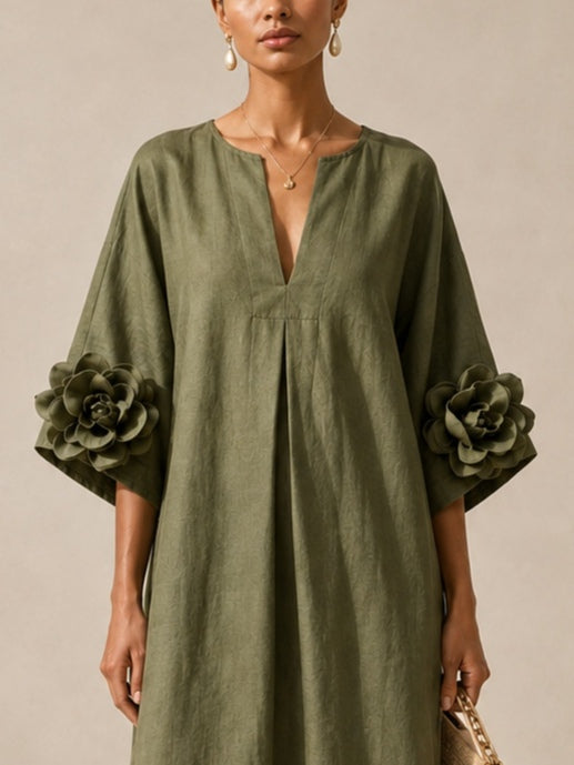 Olive V-Neck Midi Dress with Statement Floral Sleeves