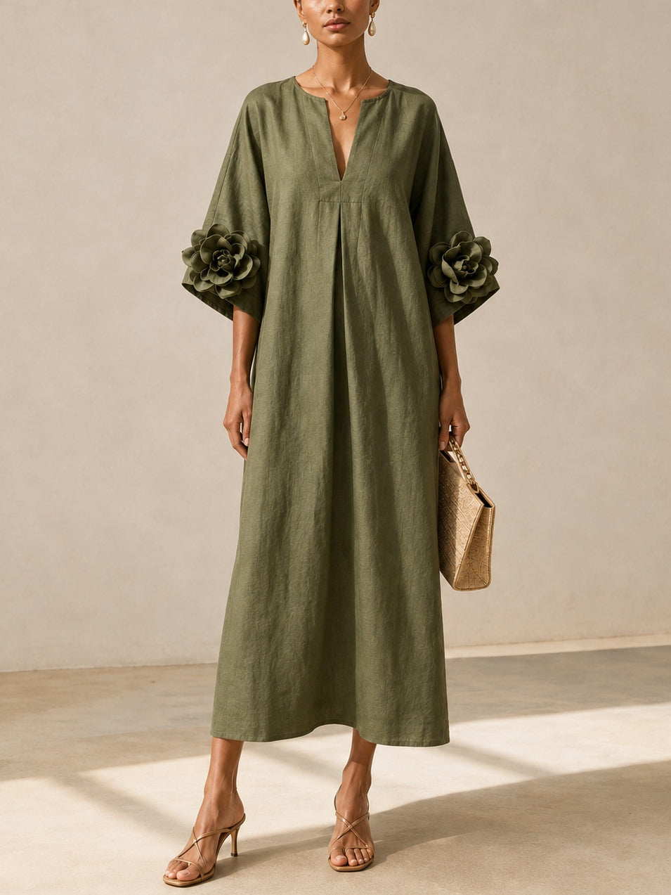Olive V-Neck Midi Dress with Statement Floral Sleeves