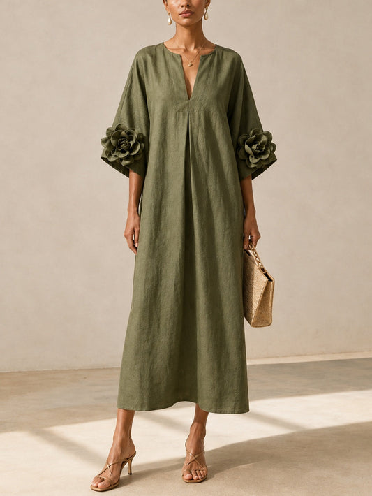 Olive V-Neck Midi Dress with Statement Floral Sleeves