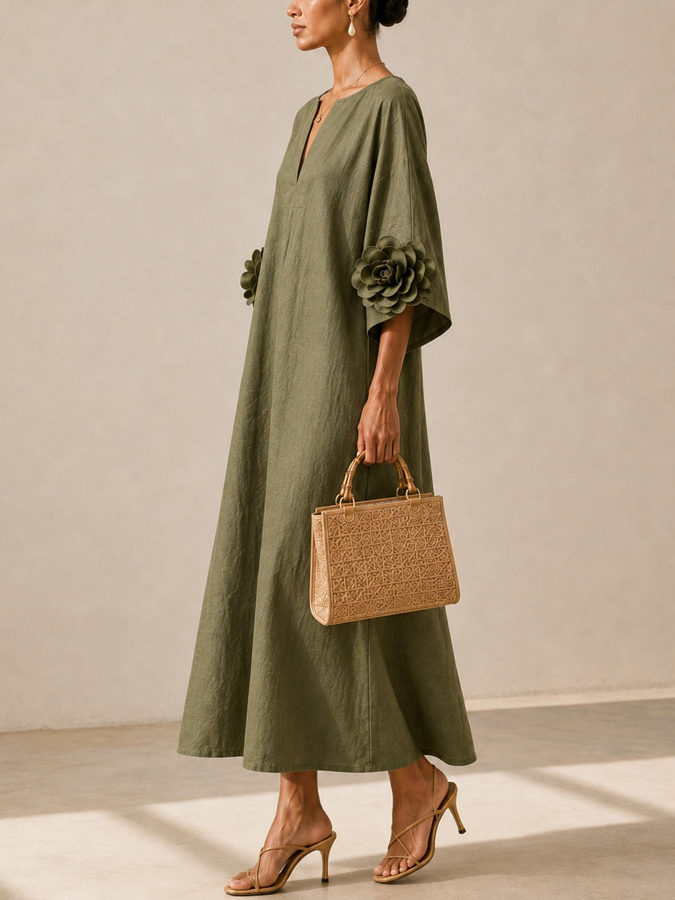 Olive V-Neck Midi Dress with Statement Floral Sleeves
